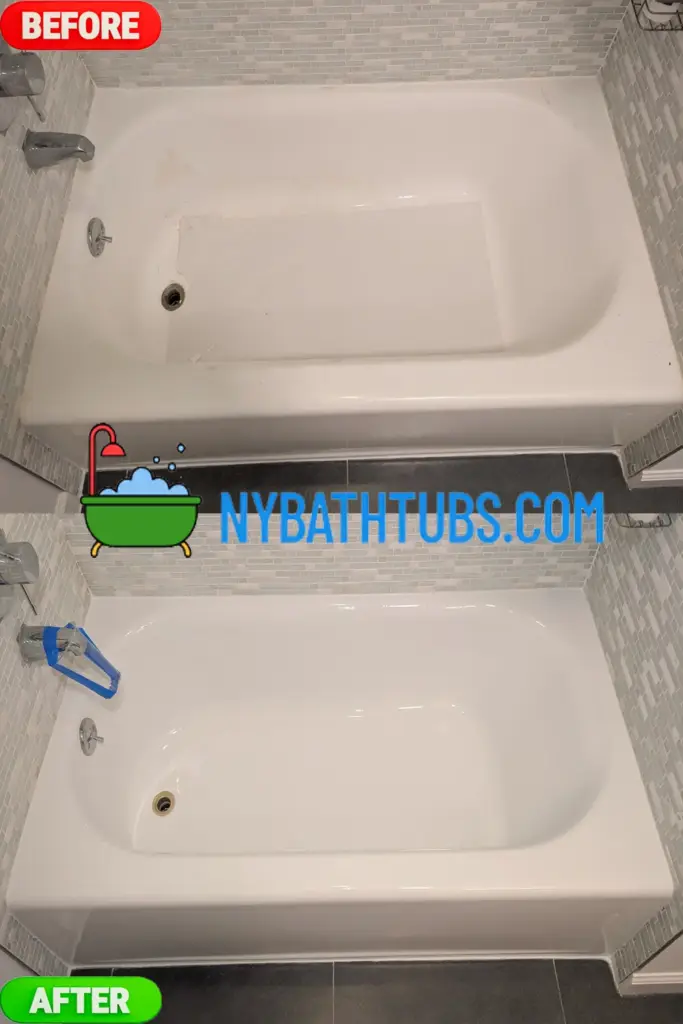 Before and after comparison of bathtub restoration in tiled bathroom