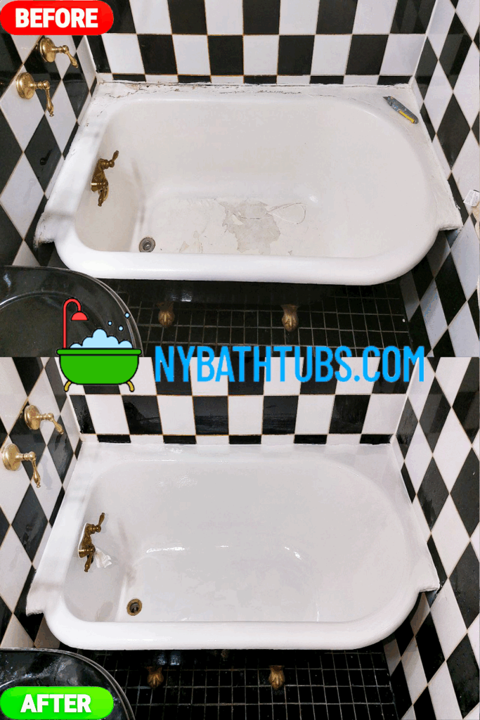 Rusty vintage bathtub before and after refinishing in NYC. Expert bathtub reglazing service by NY BathTubs.