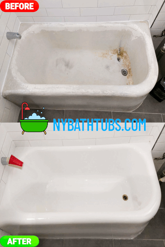 Bathroom bathtub before and after refinishing in NYC. Restored to a clean, smooth finish by professional bathtub refinishing services.