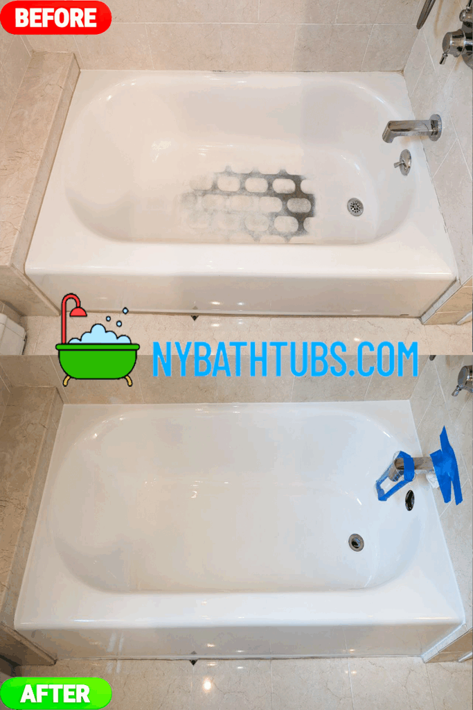 Cracked bathtub before and after refinishing, showcasing professional bathtub resurfacing in NYC.
