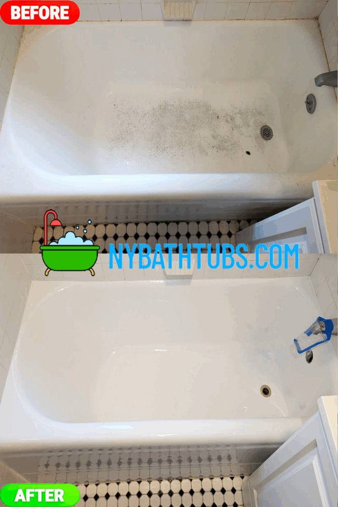 Dirty bathtub before refinishing, showing stains and discoloration.
